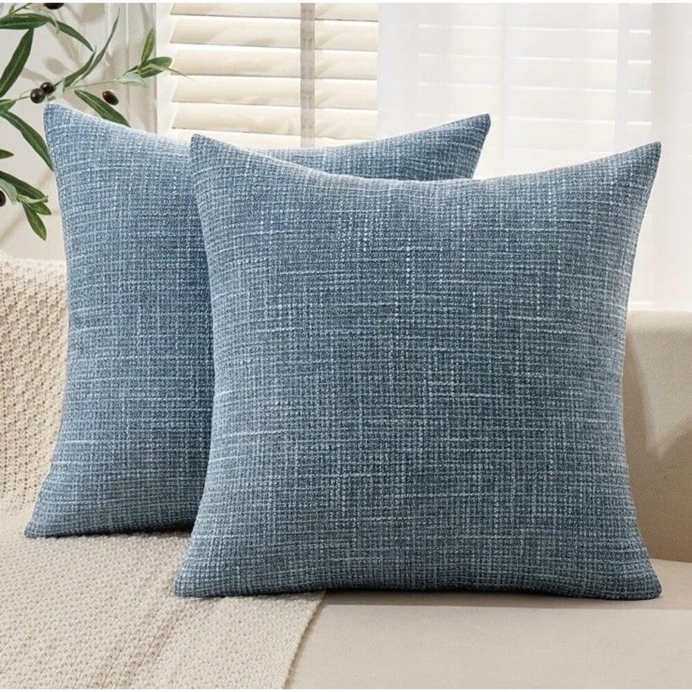 Burlap Tweed Set Of 2 Pillow Covers 2- 18 X 18in Blue Modern Farmhouse